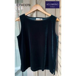 Chico’s — Green velvet sleeveless blouse/tank top • Blusa de terciopelo verde •